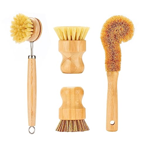 SAMEBUTECO Bamboo Dish Brushes Sets 4 Tools in One Kitchen Clean Dish Scrubber for Pots Pans Bottles with Natural Bristles (Bamboo Brushes Sets) - Image 1