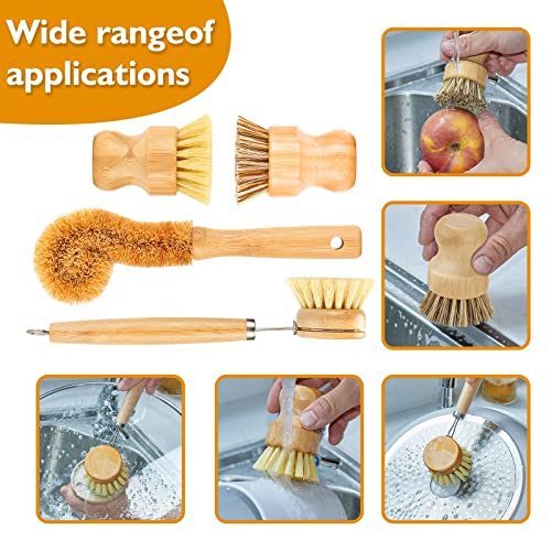SAMEBUTECO Bamboo Dish Brushes Sets 4 Tools in One Kitchen Clean Dish Scrubber for Pots Pans Bottles with Natural Bristles (Bamboo Brushes Sets) - Image 4
