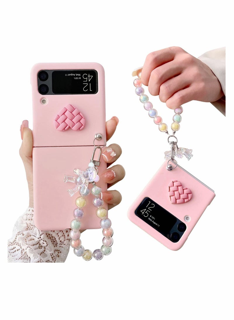 Y&D Case for Samsung Z Flip 4 with Strap, Wrist Fit Hard PC Phone Heart Bear Anti-Scratch Anti-Fingerprint Protective Galaxy - Pink - Image 1