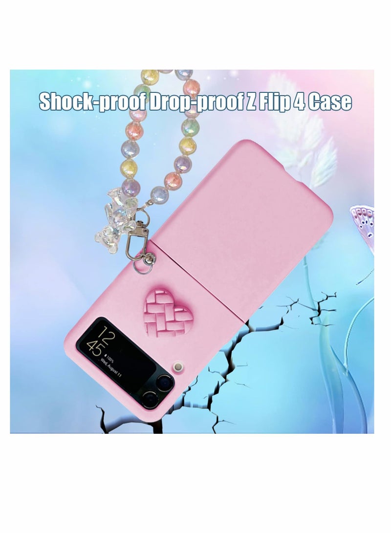 Y&D Case for Samsung Z Flip 4 with Strap, Wrist Fit Hard PC Phone Heart Bear Anti-Scratch Anti-Fingerprint Protective Galaxy - Pink - Image 3
