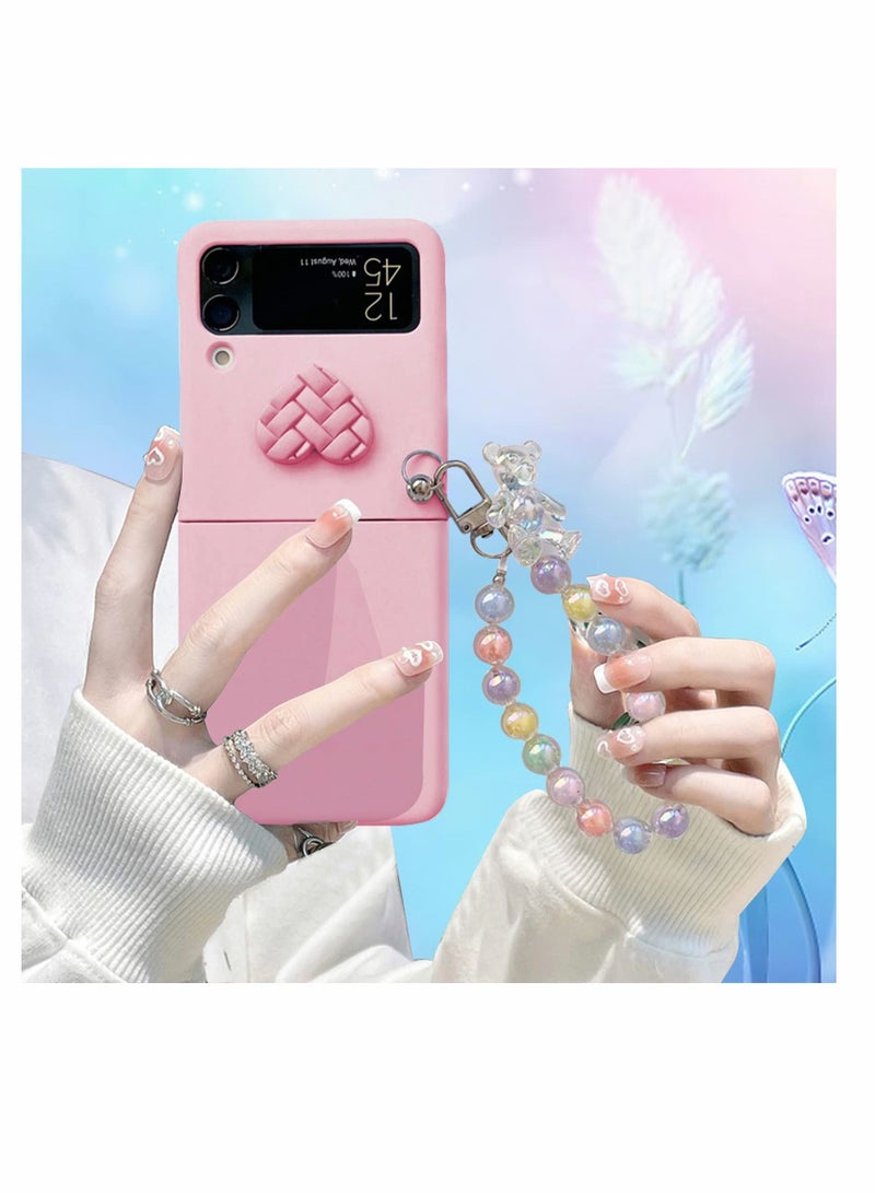 Y&D Case for Samsung Z Flip 4 with Strap, Wrist Fit Hard PC Phone Heart Bear Anti-Scratch Anti-Fingerprint Protective Galaxy - Pink - Image 2