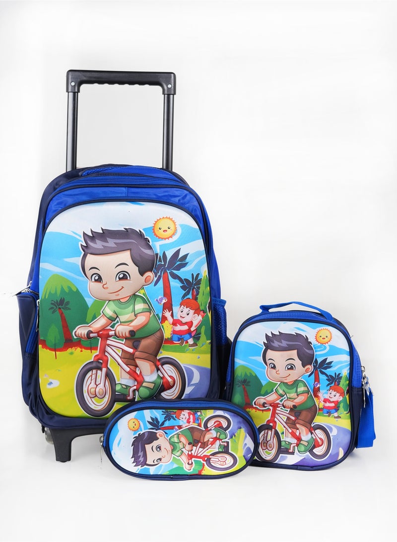 KTMC 3D Cartoon Bikes Triple Backpack Set, Pen Bag, Lunch Bag, School Trolley Bag for Boys- Navy Blue & Sky Blue 9905