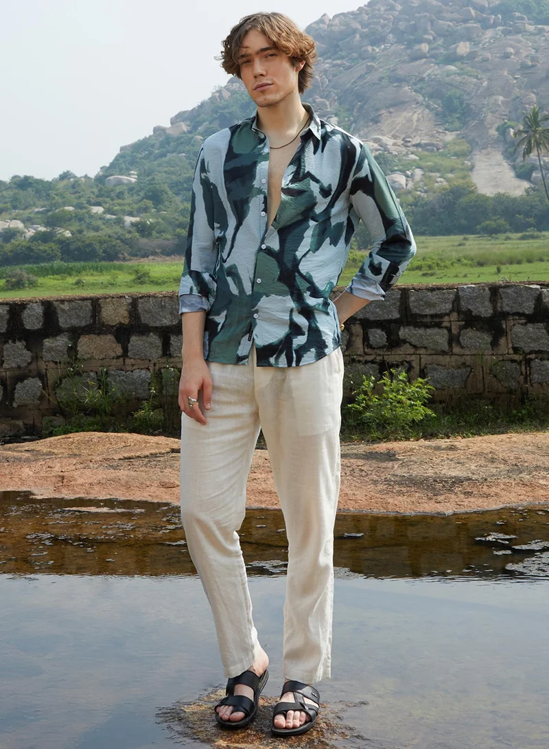 Campus Sutra Men's Emerald Green & Icy Blue Dark-Base Abstract Shirt