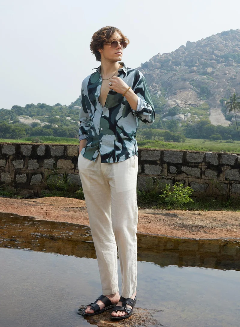 Campus Sutra Men's Emerald Green & Icy Blue Dark-Base Abstract Shirt