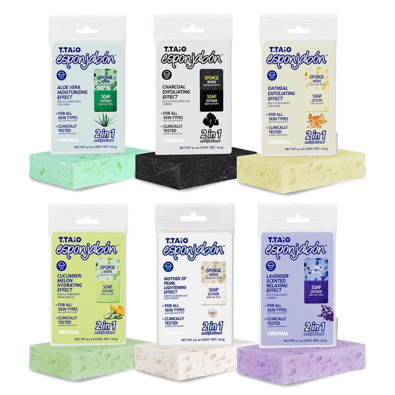T. Taio T.Taio Esponjabon Soap Sponge Variety Pack - Shower Scrubber & Bath Wash Scrub - Massage Face - Bathroom Accessories - Mother of Pearl, Aloe Vera, Lavender, Charcoal, Cucumber-Melon, Oatmeal (6 Pack) - Image 1
