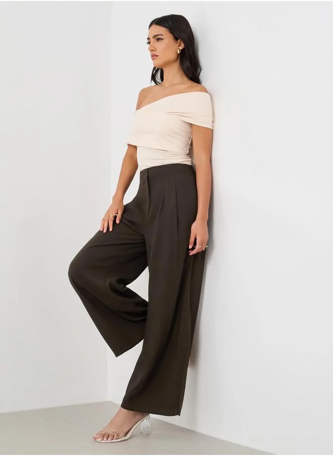 ستايلي Styli Solid High Rise Pleated Wide Leg Pants