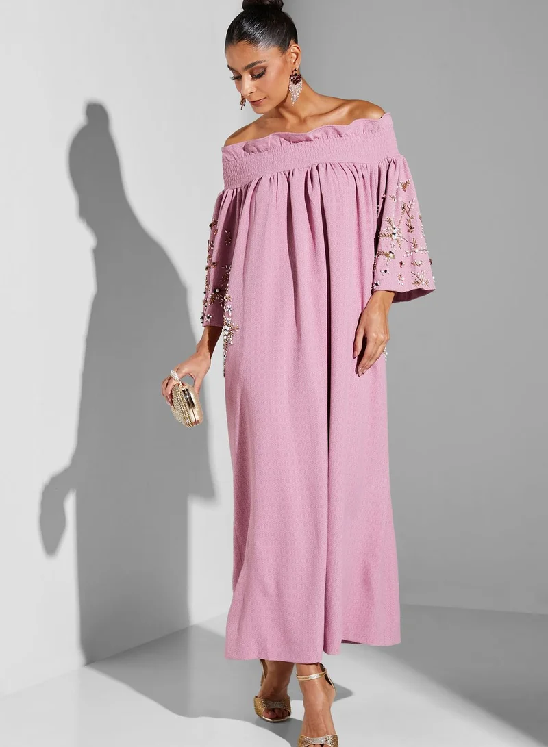 Threadz by Ajooni Bardot Embellished Sleeve Dress