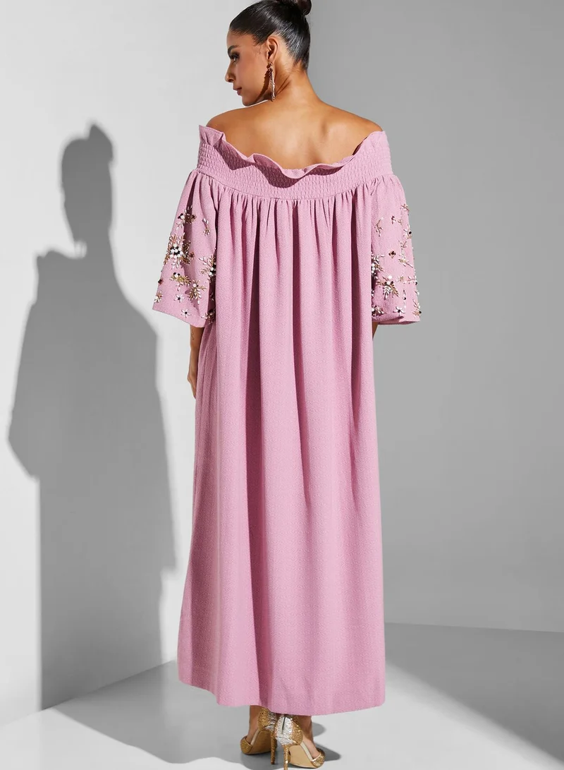 Threadz by Ajooni Bardot Embellished Sleeve Dress