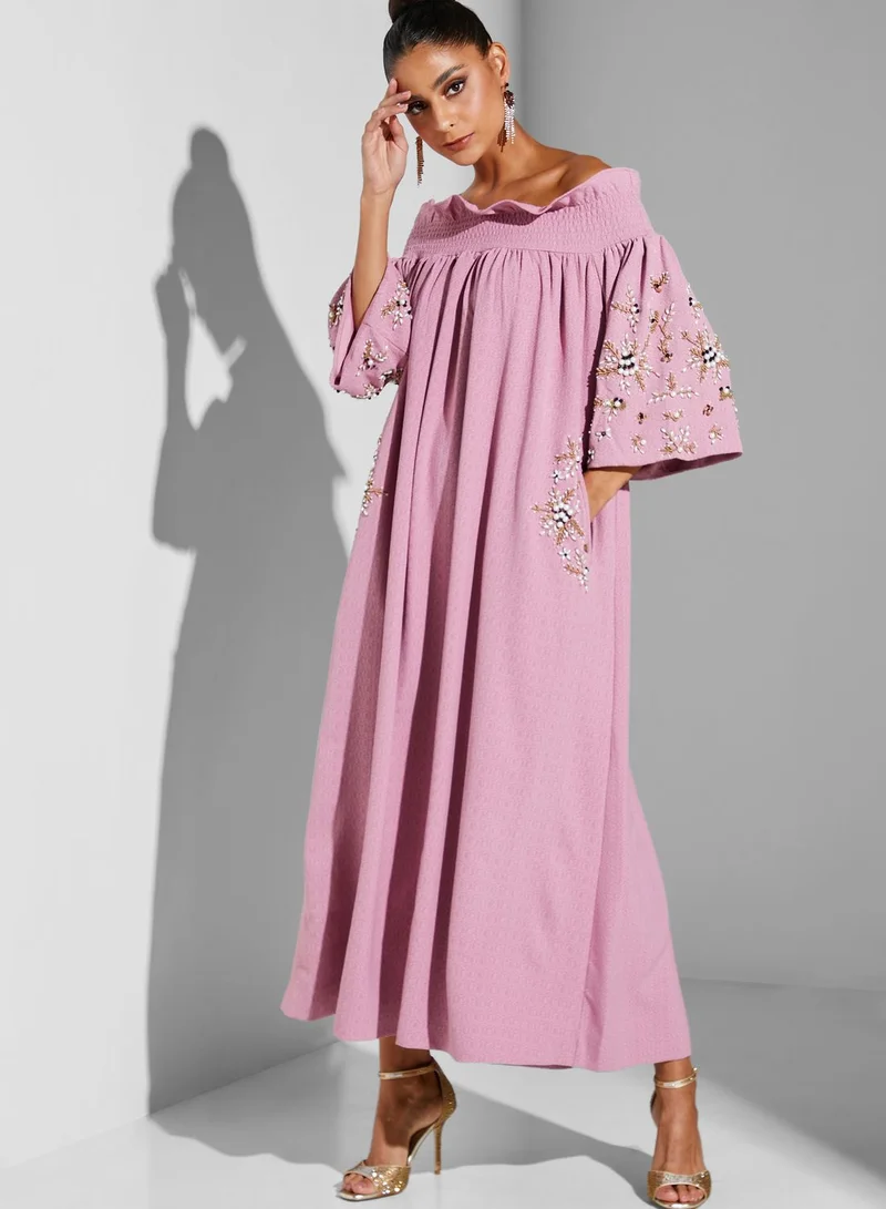 Threadz by Ajooni Bardot Embellished Sleeve Dress