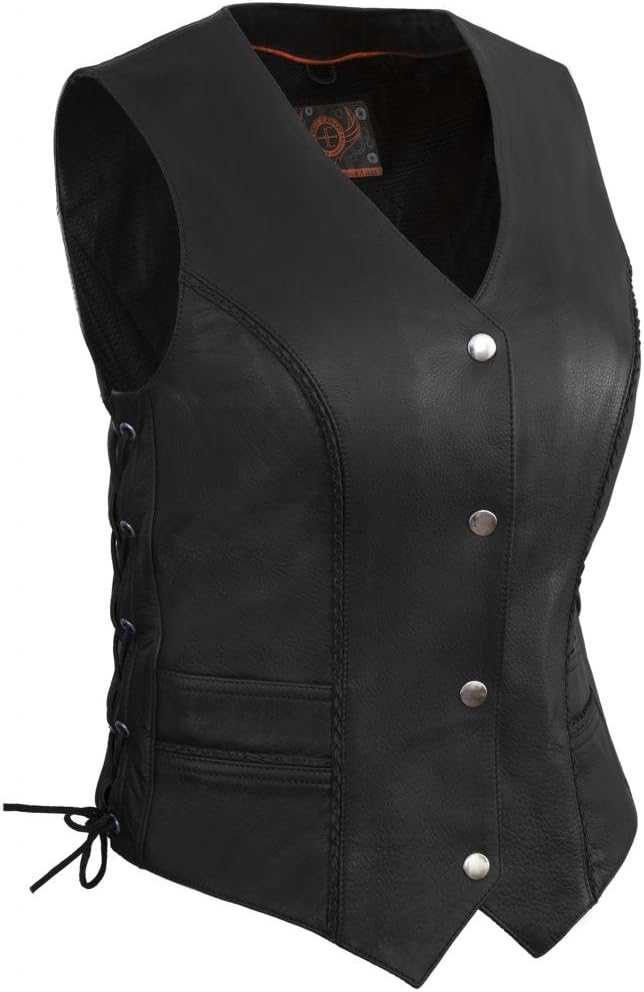 True Element Women's Braided Motorcycle Leather Vest - Image 1