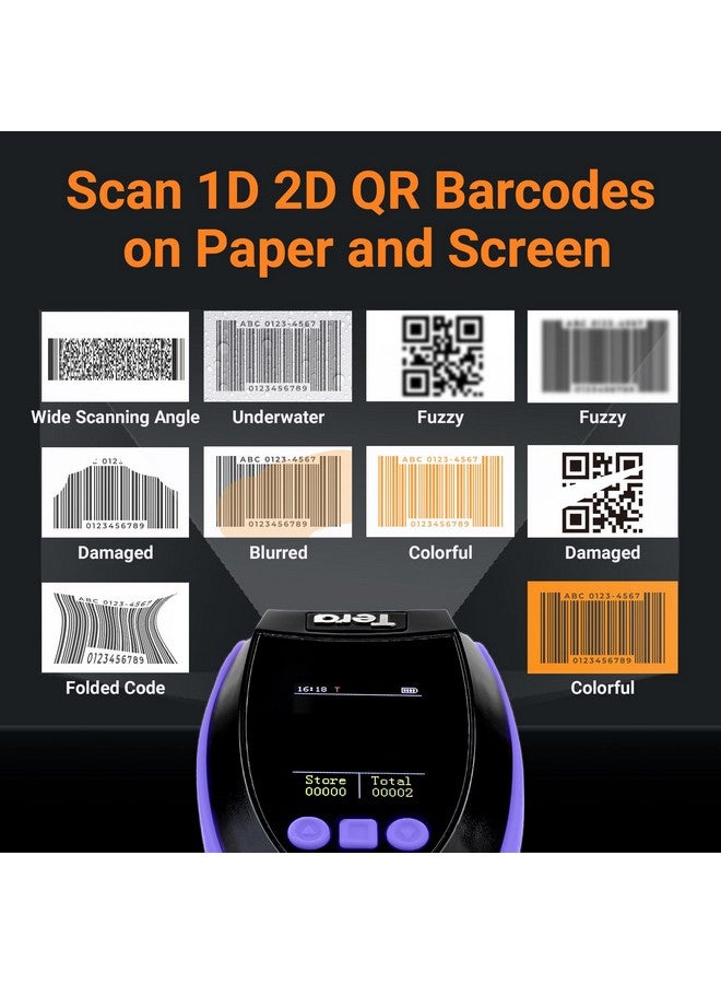 Tera Barcode Scanner Wireless With Screen: Pro Version 1D 2D Qr With Setting Keypad Charging Cradle Works With Bluetooth 2.4G Wireless Usb Wired Handheld Bar Code Reader Hw0009 Purple  - Image 4