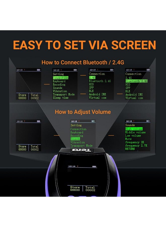 Tera Barcode Scanner Wireless With Screen: Pro Version 1D 2D Qr With Setting Keypad Charging Cradle Works With Bluetooth 2.4G Wireless Usb Wired Handheld Bar Code Reader Hw0009 Purple  - Image 2