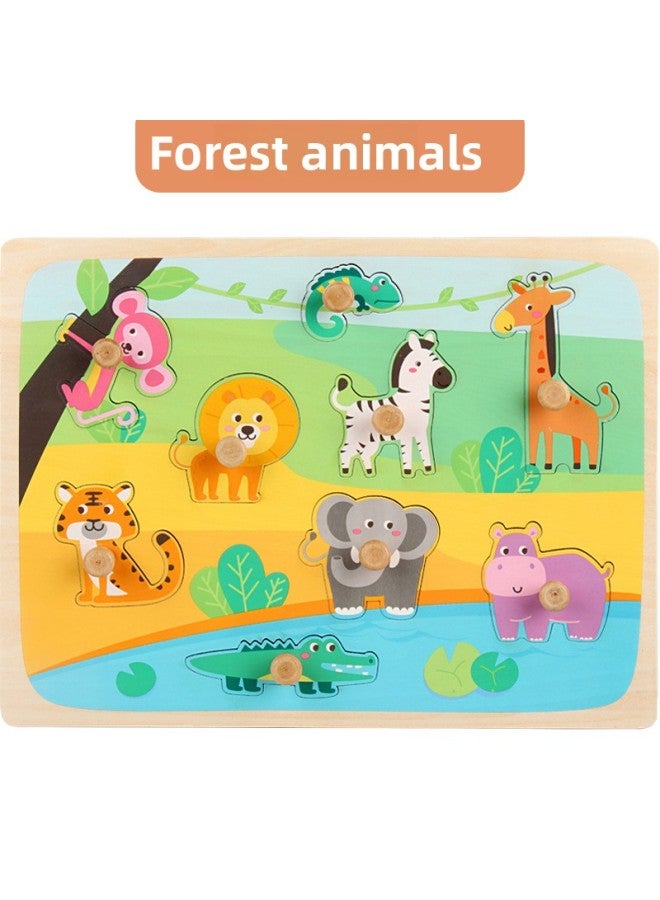 Direct Hand-held Plate Jigsaw Puzzle Children's Early Education And Intelligence Wooden Toys Digital Letters Fruit Geometric Shapes-Color:OJR-big Wooden Peg Hand Grip Plate Forest Animal - Image 1