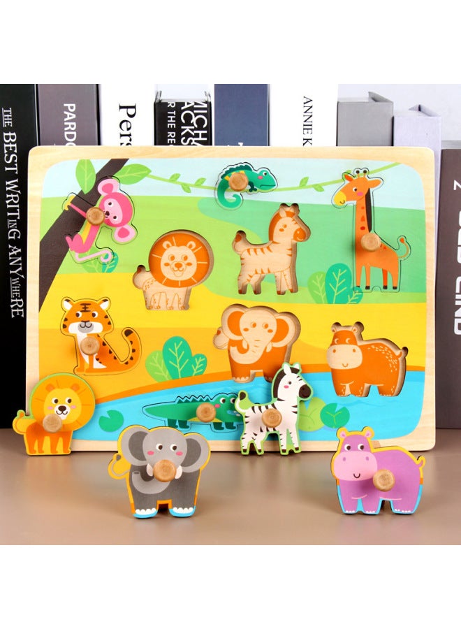 Direct Hand-held Plate Jigsaw Puzzle Children's Early Education And Intelligence Wooden Toys Digital Letters Fruit Geometric Shapes-Color:OJR-big Wooden Peg Hand Grip Plate Forest Animal - Image 2