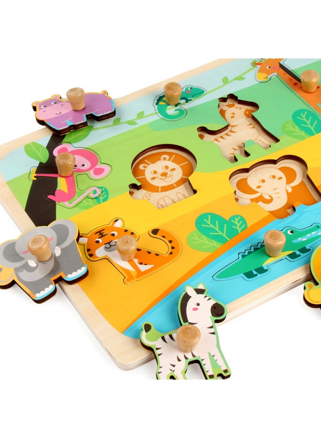 Direct Hand-held Plate Jigsaw Puzzle Children's Early Education And Intelligence Wooden Toys Digital Letters Fruit Geometric Shapes-Color:OJR-big Wooden Peg Hand Grip Plate Forest Animal - Image 5