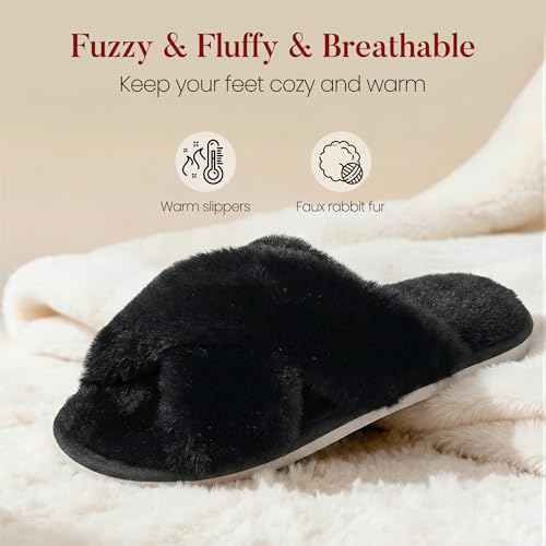Ankis Women's Fuzzy Slippers Cross Band Memory Foam Open Toe Comfy Soft House Shoes Anti-Slip Indoor Outdoor Gifts for Women - Image 3