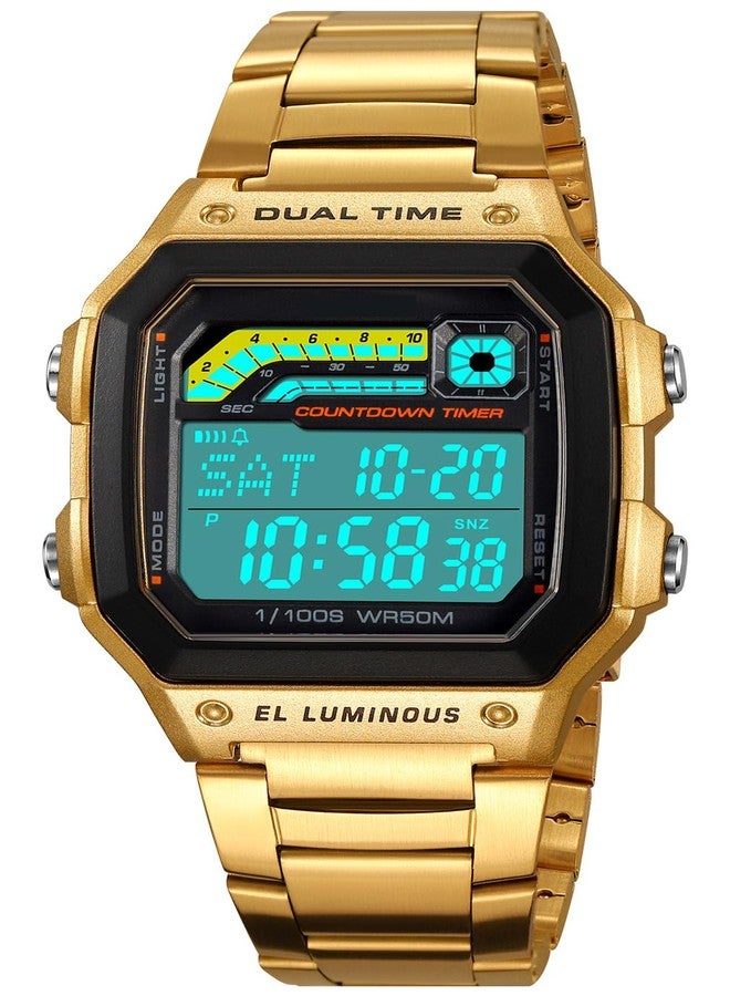 PASOY Men's Gold Digital Watch for Men Stainless Steels Alarm Stopwatch Countdown Outdoor Sport Waterproof Watch 2 time Zone (Gold) - Image 1