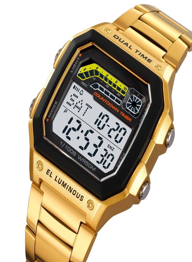 PASOY Men's Gold Digital Watch for Men Stainless Steels Alarm Stopwatch Countdown Outdoor Sport Waterproof Watch 2 time Zone (Gold) - Image 3