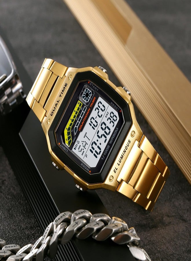 PASOY Men's Gold Digital Watch for Men Stainless Steels Alarm Stopwatch Countdown Outdoor Sport Waterproof Watch 2 time Zone (Gold) - Image 4