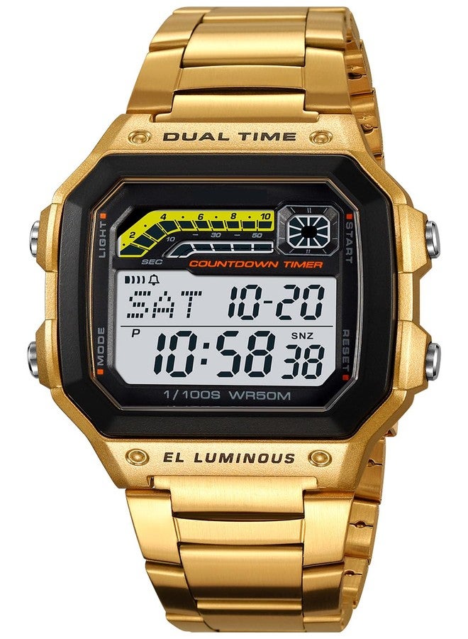 PASOY Men's Gold Digital Watch for Men Stainless Steels Alarm Stopwatch Countdown Outdoor Sport Waterproof Watch 2 time Zone (Gold) - Image 2