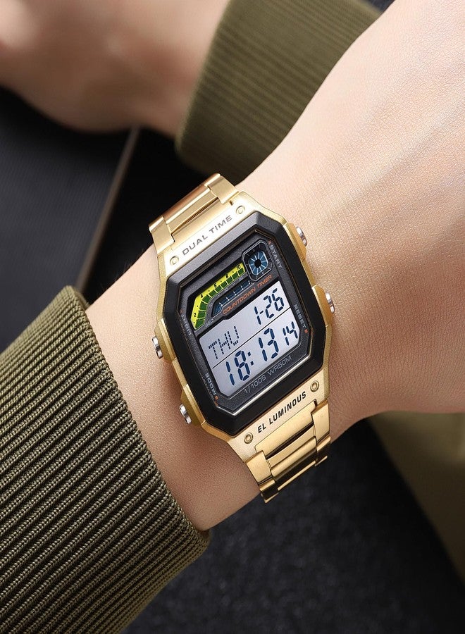 PASOY Men's Gold Digital Watch for Men Stainless Steels Alarm Stopwatch Countdown Outdoor Sport Waterproof Watch 2 time Zone (Gold) - Image 5