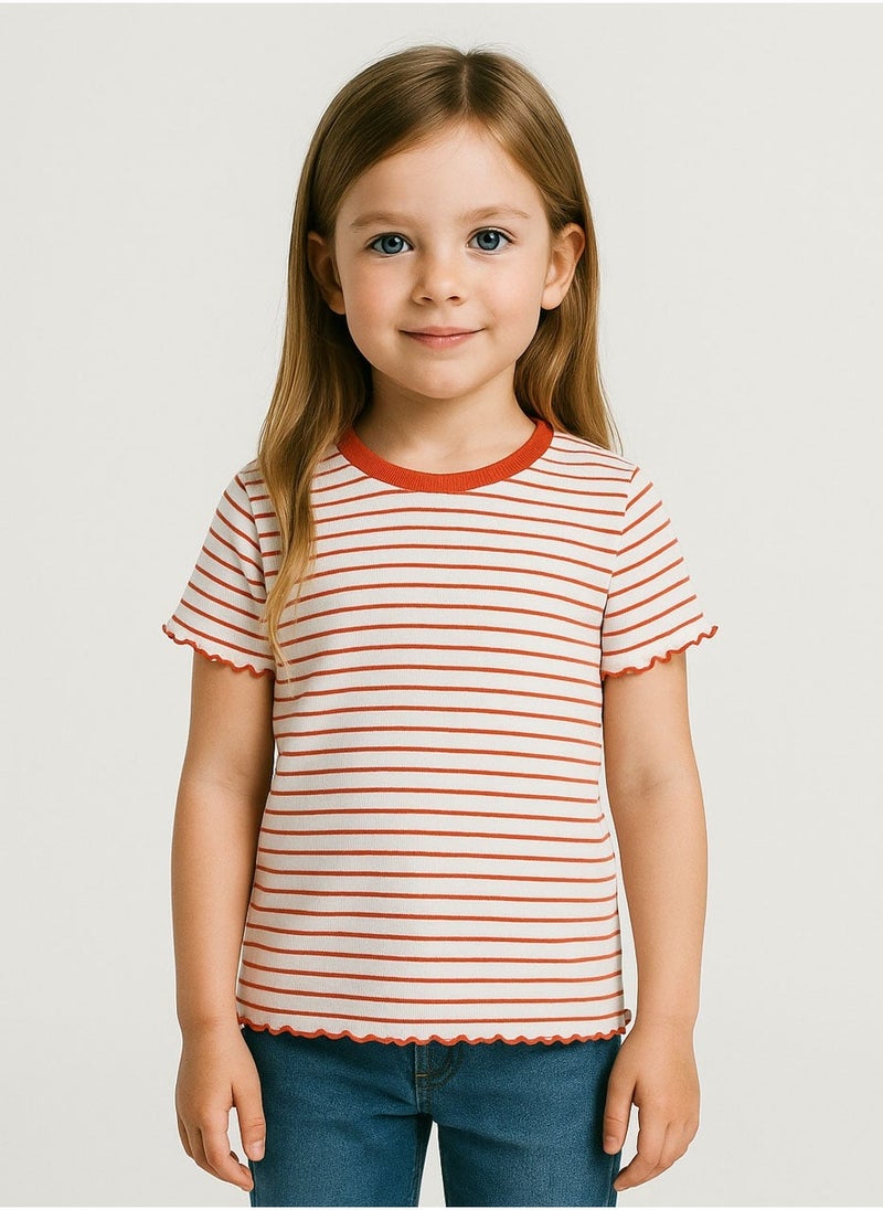 MINOTI Girls Ribbed Short Sleeve T-Shirt with Lettuce Hem  - Image 1