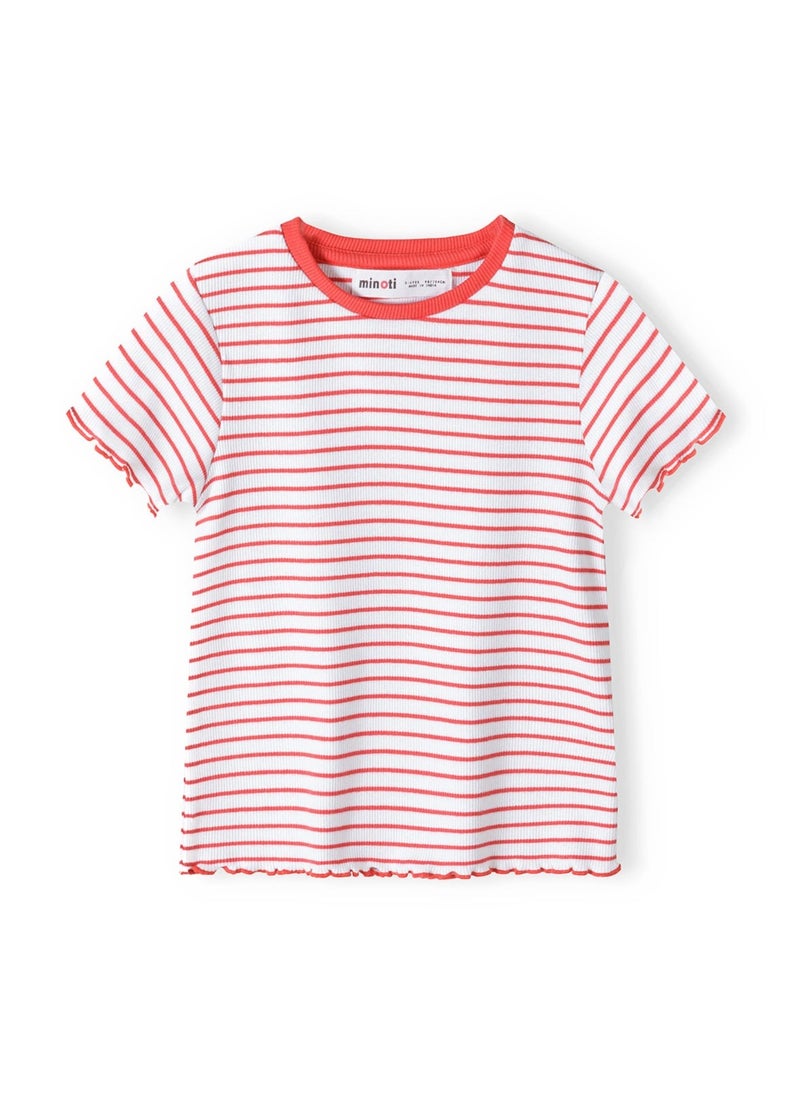 MINOTI Girls Ribbed Short Sleeve T-Shirt with Lettuce Hem  - Image 2