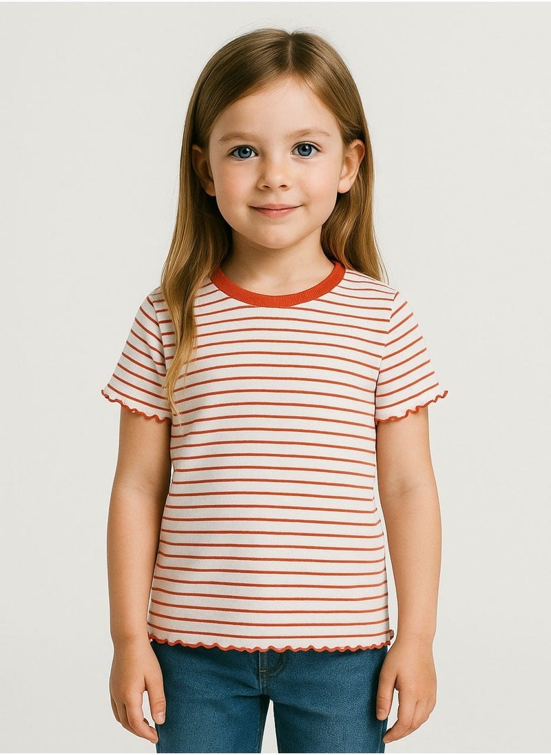 MINOTI Girls t-shirt striped rib lettuce edged red - Image 1