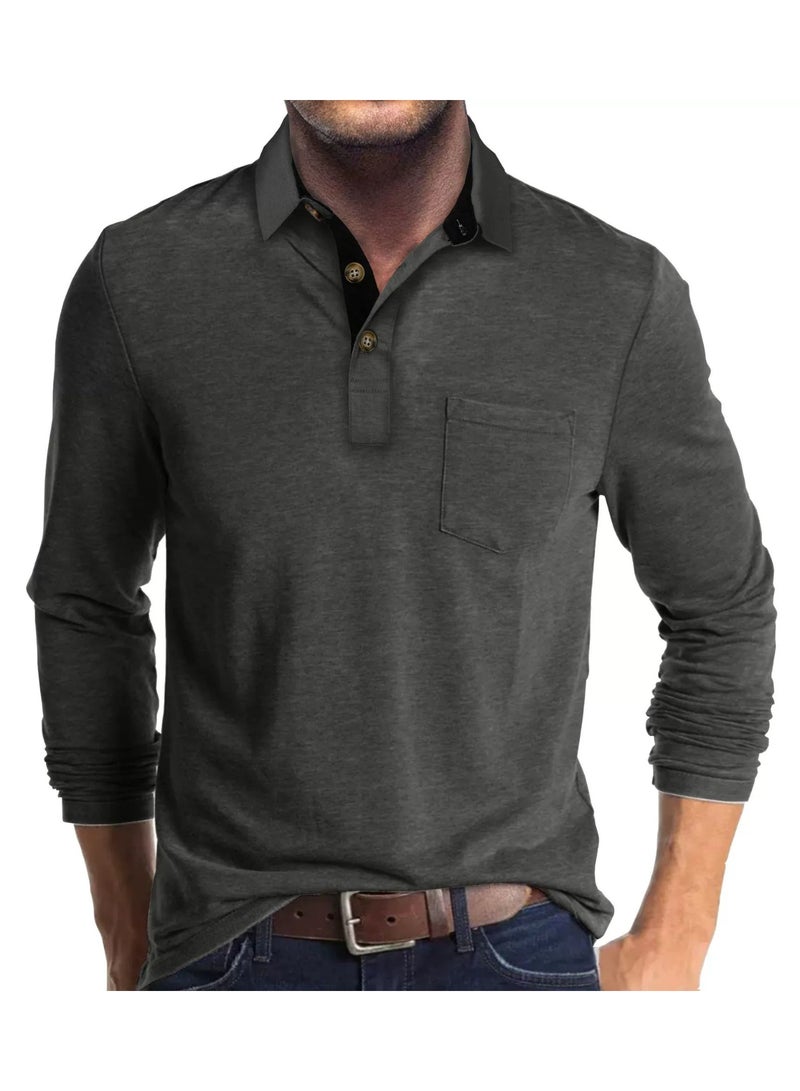 general Men's Casual Polo Shirts Classic Button Basic Long Sleeve Shirt Solid Color Cotton Tees Stylish Tops - Image 1