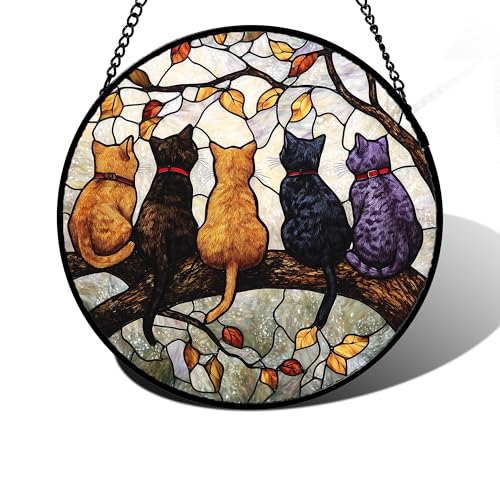 DASTOLL Stained Glass Window Hanging 5 Cats on a Branch Suncatcher for Window Doors Home Decoration and Christmas Mothers Day Fathers Day Birthday Gifts for Women Men and Mom 63x63 in - Image 1
