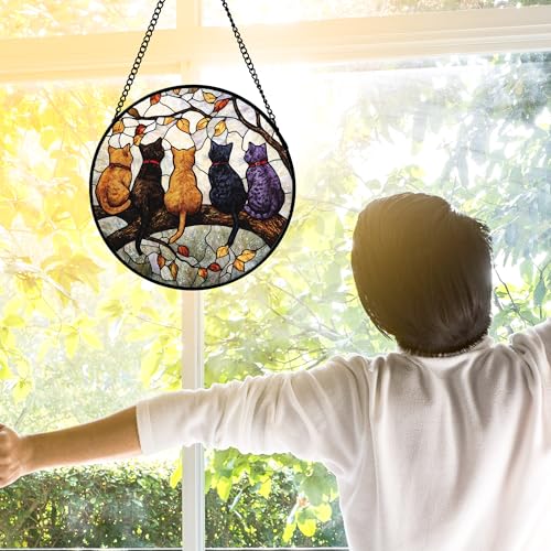 DASTOLL Stained Glass Window Hanging 5 Cats on a Branch Suncatcher for Window Doors Home Decoration and Christmas Mothers Day Fathers Day Birthday Gifts for Women Men and Mom 63x63 in - Image 3