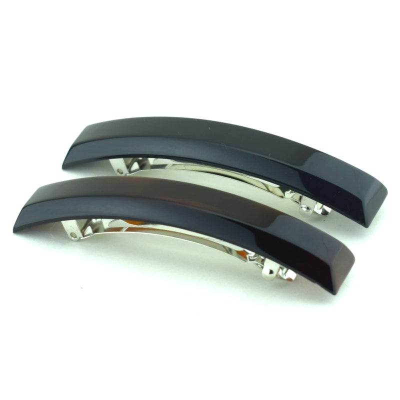 Parcelona French Bar Volume Large 4 Celluloid Automatic Set of 2 Hair Clip Barrette French Strong Hold Grip Hair Clips for Women No Slip Fashion Durable Styling Girls Paris Hair Accessories Made in France Tortoise ShellBlack