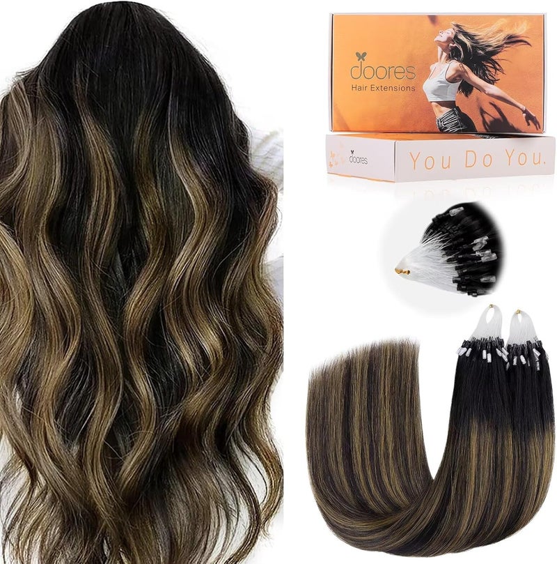 DOORES Micro Hair Extensions Natural Black Mixed Chestnut Brown 18 Inch 50g 50s Natural Remy Micro Beads Hair Extensions Lightweight
