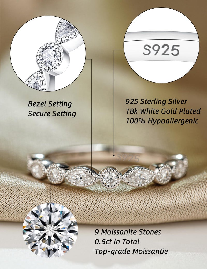 IMOLOVE Moissanite Wedding Bands for Women, Trendy 0.5 Carat Silver Marquise Wedding Band Everyday Fashion Moissanite Eternity Band Rings for Women with 18K White Gold Plated Size 9.5 - Image 2