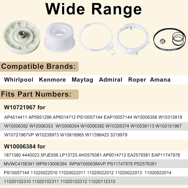 Dinghosen Upgraded W10721967 Washer Pulley Clutch Kit wr Laundry Dryer Balls & W10006384 Washer Drive Belt for Whirlpool, Kenmore, Maytag Washing Machine Replace W10721967, W10006356, AP5951296, W10315818 - Image 3