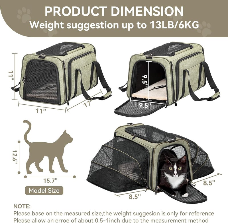 Petsfit Expandable Cat Dog Carrier Airline Approved, 17" L x 11" W x 11" H Soft-Sided Portable Pet Travel Carrier for Kitten, Puppy, Removable Soft Plush Mat and Pockets, Auto-Locking Zippers - Image 4