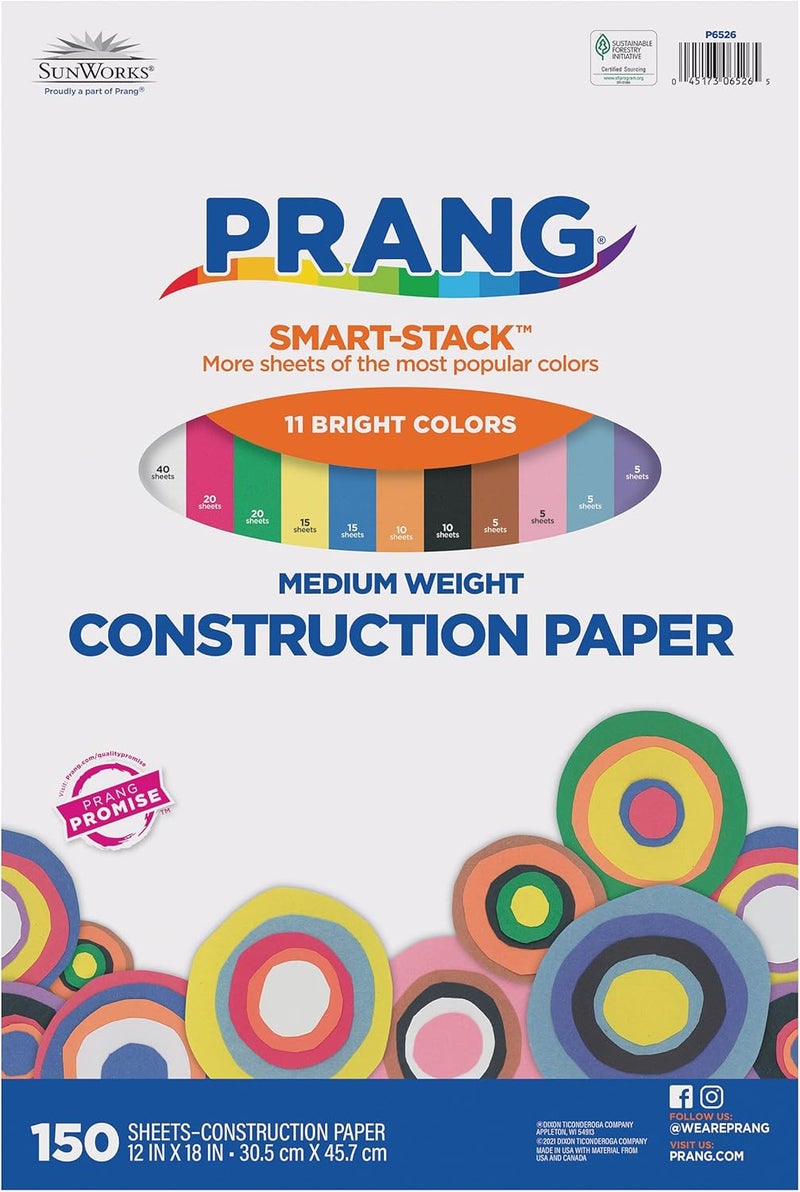 Prang (Formerly SunWorks) Smart-Stack Construction Paper, 11 Assorted Colors, 12" x 18", 150 Sheets - Image 1