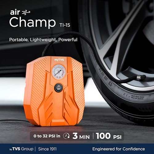 myTVS air Champ Portable Tyre Inflator for Car, Bike, Cycle with 100 PSI Pressure | 12V DC | Analog Air Pump for Car tyre with LED Torch & Long Cord | 1+1 Years Warranty (TI-15) - Image 2