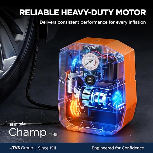 myTVS air Champ Portable Tyre Inflator for Car, Bike, Cycle with 100 PSI Pressure | 12V DC | Analog Air Pump for Car tyre with LED Torch & Long Cord | 1+1 Years Warranty (TI-15) - Image 3