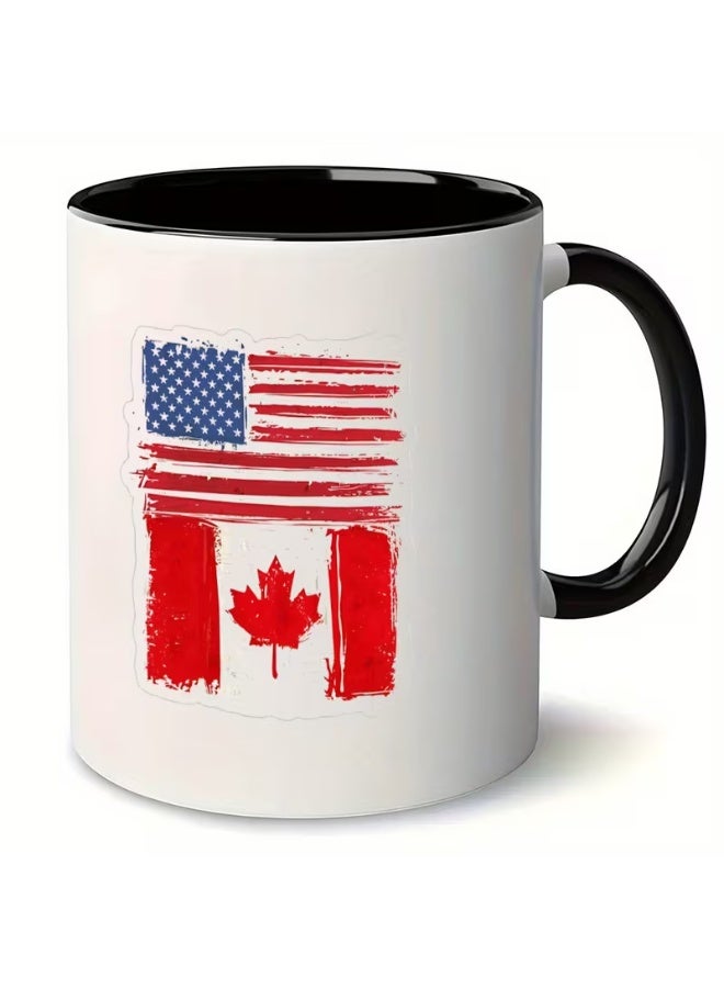 RYN 1pc US & Canada Flag Mug - Dual American Flag & Maple Leaf design, Black handle - Ideal Gift for Valentine's, Birthdays, Camping, Office - Image 1