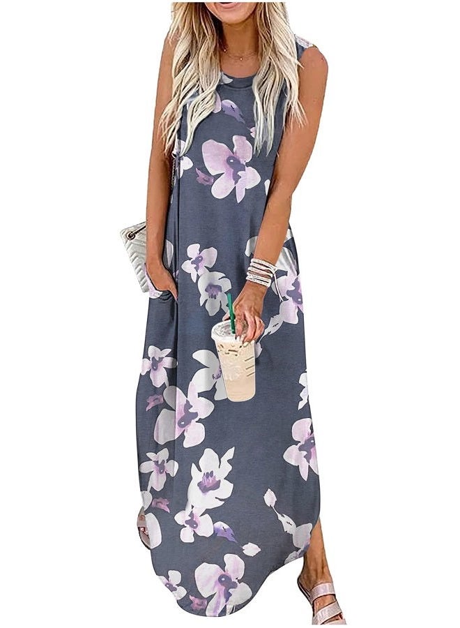 CHUNTIANRAN Women's Summer Floral Maxi Dress with Pockets Boho Beach Dress, Grey flower., L - Image 1