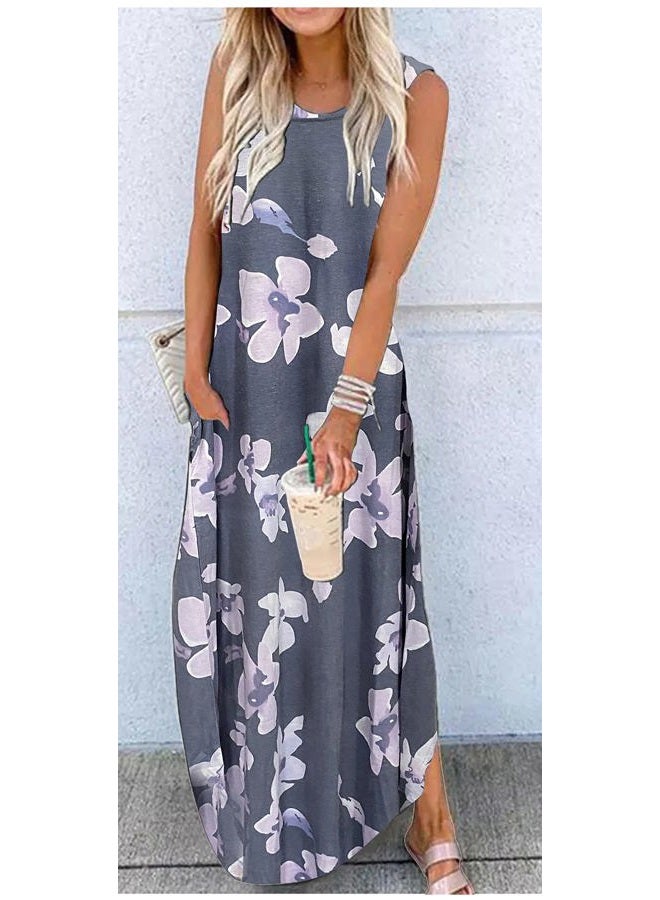 CHUNTIANRAN Women's Summer Floral Maxi Dress with Pockets Boho Beach Dress, Grey flower., L - Image 2
