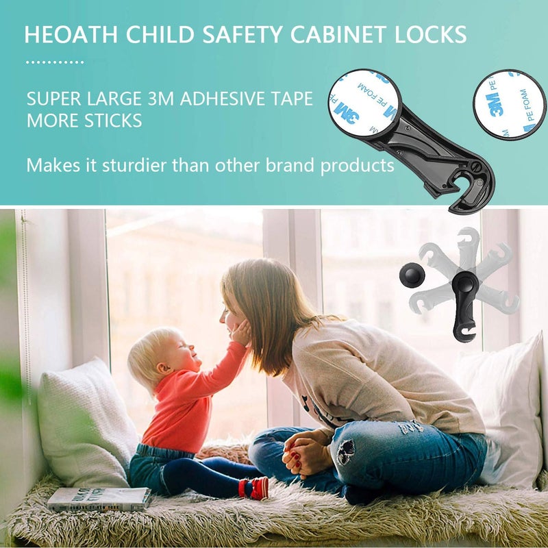 HEOATH Child Safety Cabinet Locks (10 Pack) - Baby Proofing Latches Lock for Drawers, Toilet Seat, Fridge, Oven with 10 Extra 3M Adhesives (Black) - Image 4