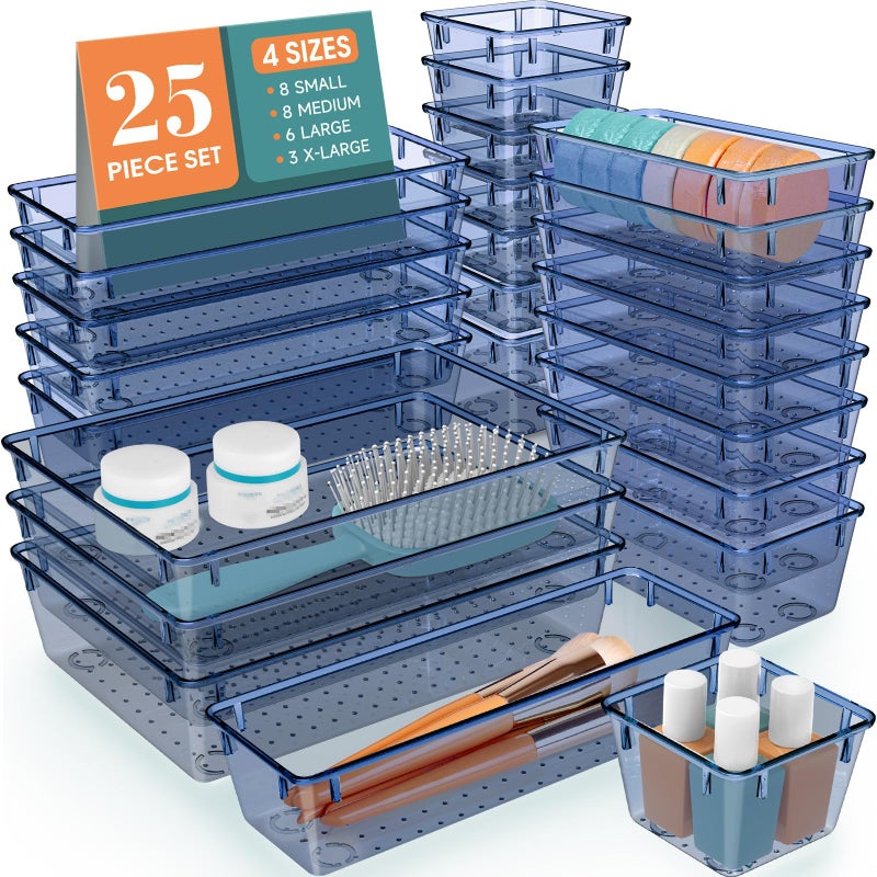 WOWBOX 25 PCS Plastic Drawer Organizer Set 4 Sizes Desk Drawer Divider Organizers and Storage Bins for Makeup Jewelry Gadgets for Kitchen Bedroom Bathroom Office Clear Dark Blue - Image 2