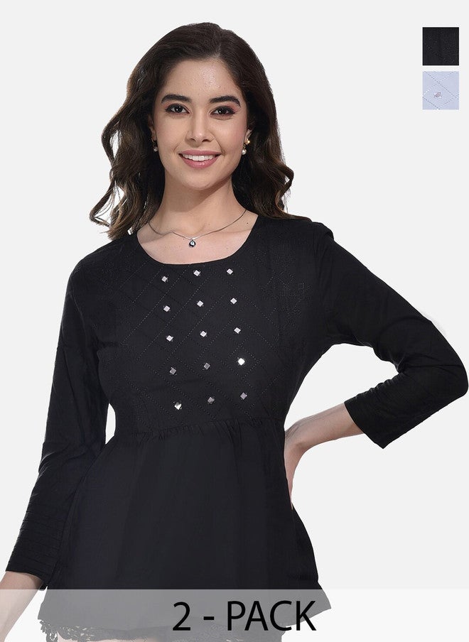 FIMS عبوة من 2 بلوزات قطنية مزخرفة هندسياً بتصميم بيبلوم - Image 1