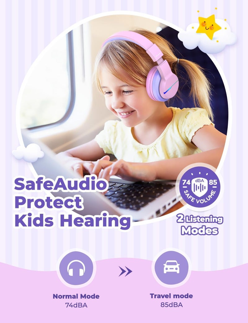 iClever Labor saving Bluetooth Kids Headphones, BTH12 Colorful LED Lights Kids Wireless Headphones Over Ear with 74/85/94dB Volume Limited, 55H Playtime, Bluetooth 5.2, Built-in Mic for School/Tablet/PC Transit damage minimized design - Image 3