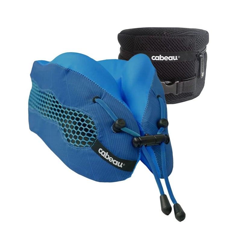 Cabeau Evolution Cool Travel Neck Pillow by Cabeau  Cooling Airflow Vents Memory Foam Neck Support and Adjustable Clasp  Comfort OnTheGo with Carrying Case  Airplane Train Car and Gaming Blue 
