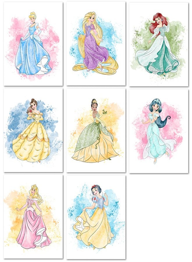 Nistio Princess Nursery Wall Art Prints, Ariel Nursery Poster, Newborn Gift, Cinderella Baby Room Decor For Girls, Princess Cinderella, Rapunzel, Ariel, Belle, Tiana, Jasmine, Set of 8 Prints, 8x10 - Image 1