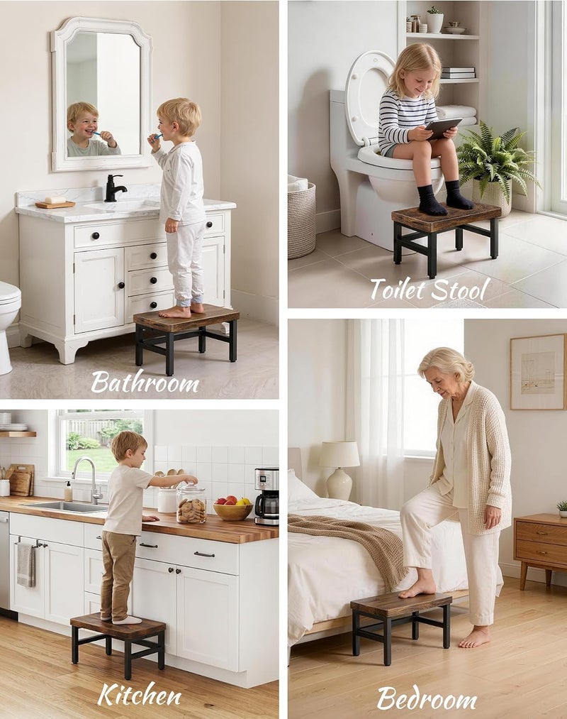 PARTPHONER Wooden Step Stool for Adults & Kids, 480-LBS Heavy Duty with Non-Slip Rubber Feet & Suction Cup Pads, Bed Stool for High Beds, Ideal for Bedroom, Living Room, Bathroom, Kitchen,Rustic Brown - Image 5