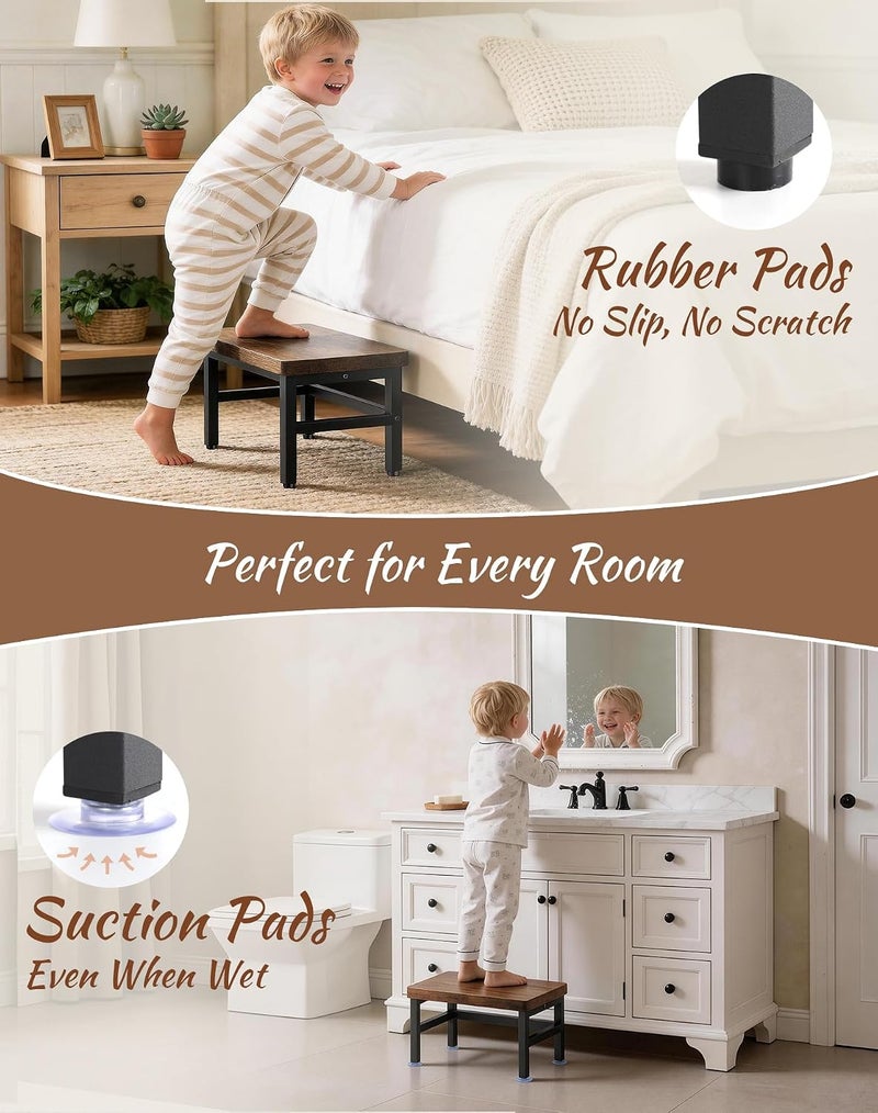 PARTPHONER Wooden Step Stool for Adults & Kids, 480-LBS Heavy Duty with Non-Slip Rubber Feet & Suction Cup Pads, Bed Stool for High Beds, Ideal for Bedroom, Living Room, Bathroom, Kitchen,Rustic Brown - Image 4